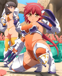 Rule 34 | 2girls, anime coloring, armor, ass, bikini, bikini armor, black hair, blush, breasts, cameltoe, capitan (tsyoujo), claws, cleft of venus, covered erect nipples, covered navel, gauntlets, greaves, highres, holding, holding weapon, huge weapon, kneeling, large breasts, leotard, long hair, looking at viewer, looking back, low twintails, mallet, medium breasts, monster, multiple girls, open mouth, original, purple eyes, red hair, short hair, sideboob, smile, squatting, standing, structure, suggestive fluid, swimsuit, tentacles, thighhighs, thong, thong bikini, twintails, war hammer, weapon, yellow eyes