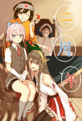Rule 34 | 10s, 1boy, 3girls, admiral (kancolle), bare shoulders, black hair, blue eyes, blurry, blush, boots, breasts, brown eyes, brown hair, brown legwear, chair, depth of field, detached sleeves, closed eyes, facial hair, gloves, grin, group picture, hair ornament, hairband, hairclip, hand on another&#039;s leg, haruna (kancolle), hat, headband, headgear, hiryuu (kancolle), indoors, japanese clothes, kantai collection, kneehighs, long hair, military, military hat, military uniform, multiple girls, mustache, neck ribbon, nontraditional miko, one eye closed, open mouth, peaked cap, pink hair, poco (backboa), red ribbon, remodel (kantai collection), ribbon, ribbon-trimmed sleeves, ribbon trim, school uniform, seiza, shiranui (kancolle), short hair, short sleeves, sitting, smile, socks, speech bubble, thigh boots, thighhighs, translation request, uniform, v, vest, wainscoting, white gloves