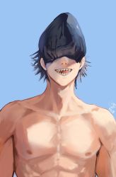 Rule 34 | 1boy, aqua background, artist name, beam (csm), black hair, buff (arms), chainsaw man, covered eyes, highres, nipples, null (skev7724), open mouth, shark, sharp teeth, short hair, simple background, solo, standing, teeth, topless, topless male