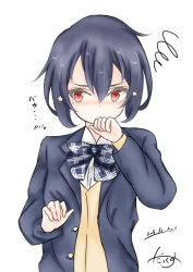 Rule 34 | 10s, 1girl, black bow, black bowtie, black hair, blazer, blue jacket, blush, bow, bowtie, brown cardigan, cardigan, closed mouth, collared shirt, commentary request, dakkusu, dated, hair between eyes, hands up, jacket, long sleeves, looking at viewer, mizuno ai, nose blush, open clothes, open jacket, plaid, plaid bow, plaid bowtie, plaid neckwear, red eyes, shirt, signature, simple background, solo, squiggle, tears, translation request, upper body, white background, white shirt, zombie land saga