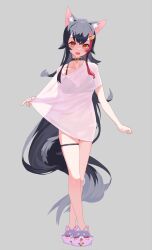 Rule 34 | 1girl, :d, absurdres, animal ears, animal slippers, black bra, black hair, bra, collar, facing viewer, full body, highres, hololive, long hair, looking at viewer, moguri (kxh5061), multicolored hair, ookami mio, open mouth, orange eyes, red hair, see-through silhouette, shirt, shirt hold, short sleeves, slippers, smile, standing, tail, thigh strap, underwear, very long hair, virtual youtuber, white hair, white shirt, wolf ears, wolf girl, wolf tail