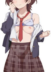 Rule 34 | 1girl, bow, bow bra, bra, bra lift, breasts, brown hair, brown skirt, closed mouth, collarbone, commentary request, head out of frame, highres, hinami aoi, jaku-chara tomozaki-kun, medium breasts, morisobo, necktie, nipples, plaid, plaid skirt, red necktie, school uniform, short hair, simple background, skirt, smile, solo, underwear, white background