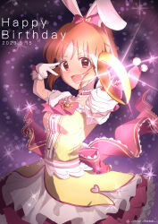 Rule 34 | 1girl, abe nana, animal ears, blush, bow, bowtie, breasts, brooch, brown eyes, brown hair, choker, collarbone, dated, dress, dress bow, fake animal ears, frilled choker, frills, glint, gloves, hair bow, hair ribbon, hands up, happy birthday, heart, heart brooch, highres, holding, holding wand, idolmaster, idolmaster cinderella girls, idolmaster cinderella girls starlight stage, jewelry, layered dress, looking at viewer, magical girl, medium breasts, open mouth, pink bow, pink bowtie, pink choker, pink ribbon, pointing, pointing at viewer, ponytail, purple background, rabbit ears, ribbon, short hair, short sleeves, smile, solo, sparkle, twitter username, usagichama, v-shaped eyebrows, w, wand, white gloves, yellow dress