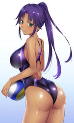 Rule 34 | 1girl, ass, asuka (dream c club zero), back, bad id, bad pixiv id, ball, bare shoulders, blush, breasts, competition swimsuit, dark-skinned female, dark skin, dream c club, dream c club (series), dream c club zero, green eyes, holding, holding ball, huge breasts, long hair, looking back, mole, mole under eye, one-piece swimsuit, ponytail, purple hair, shiny clothes, shiny skin, smile, solo, standing, swimsuit, tomohiro kai, volleyball (object), wet