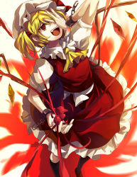 Rule 34 | 1girl, :d, @ @, ascot, bad anatomy, bad hands, black socks, blonde hair, covering one eye, crazy, cuffs, eredhen, flandre scarlet, gradient background, hat, heart (organ), kneehighs, mob cap, open mouth, poorly drawn, puffy short sleeves, puffy sleeves, red eyes, short hair, short sleeves, side ponytail, skirt, skirt set, smile, socks, solo, touhou, wings