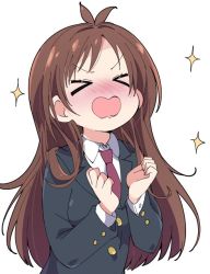 Rule 34 | &gt; &lt;, 1girl, ahoge, blazer, blush, brown hair, collared shirt, commentary, closed eyes, hair ornament, hands up, idolmaster, idolmaster cinderella girls, ixy, jacket, long hair, necktie, nose blush, open mouth, shirt, simple background, solo, sparkle, tsujino akari, upper body, white background
