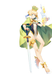 Rule 34 | 1girl, absurdres, aqua eyes, artoria pendragon (fate), artoria pendragon (swimsuit archer) (fate), artoria pendragon (swimsuit archer) (third ascension) (fate), bad id, bad pixiv id, blonde hair, blue ribbon, bow, bowtie, cape, casual one-piece swimsuit, crown, excalibur (fate/stay night), fate/grand order, fate (series), green cape, groin, gun, hair ribbon, high heels, highres, holding, holding gun, holding sword, holding weapon, looking at viewer, one-piece swimsuit, open mouth, ribbon, short hair with long locks, sidelocks, simple background, solo, standing, swimsuit, sword, tefco, water gun, weapon, white background, yellow bow, yellow bowtie