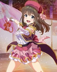 Rule 34 | 10s, 1girl, :d, belt, blue eyes, blush, bow, bracelet, brown hair, coat, cowboy shot, frills, gloves, hat, jewelry, official art, open mouth, outstretched arms, shimada mayu, skirt, smile, solo, sparkle, wake up girls!, wake up girls! stage no tenshi, white gloves