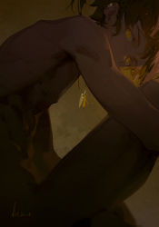 Rule 34 | 1boy, a-shacho, arknights, black hair, completely nude, dark-skinned male, dark skin, dated, earclip, from side, grey background, highres, jewelry, looking at viewer, male focus, necklace, nude, ponytail, short ponytail, signature, simple background, solo, thorns (arknights), yellow eyes
