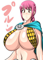Rule 34 | 1girl, absurdres, armor, artist request, bikini armor, braid, breasts, cape, highres, huge breasts, looking at viewer, one piece, pink hair, rebecca (one piece), revealing clothes, shiny skin, single braid, solo, translation request, white background, wide hips