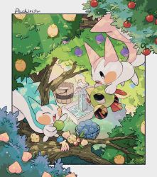 Rule 34 | alternate color, berry (pokemon), bucket, carrying, character name, chikafuji, closed eyes, creatures (company), day, faucet, game freak, gen 2 pokemon, gen 4 pokemon, highres, holding, natu, nintendo, no humans, open mouth, outdoors, pachirisu, pokemon, pokemon (creature), shiny and normal, shiny pokemon, standing, tongue, tooth, tree, water