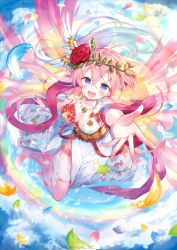 Rule 34 | 1girl, :d, ahoge, blue eyes, blush, breasts, cleavage, cloud, day, dress, energy wings, feathers, flower, flying, hair flower, hair ornament, head wreath, ibara riato, large breasts, long hair, looking at viewer, open mouth, outdoors, pink hair, reaching, reaching towards viewer, smile, solo, sunlight, thighlet, watermark, white dress, z/x