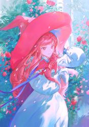 Rule 34 | 1girl, animal on arm, artist name, bright pupils, bush, dragon, dress, falling petals, flower, hand on headwear, hat, highres, long hair, long sleeves, looking at viewer, nail polish, original, outdoors, parted lips, petals, plant, pofu31, puffy long sleeves, puffy sleeves, red eyes, red flower, red hair, red hat, red nails, solo, star-shaped pupils, star (symbol), symbol-shaped pupils, white dress, white pupils, wind, witch hat
