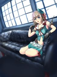 Rule 34 | 1girl, antennae, arm rest, beret, black gloves, blue eyes, breasts, brown hair, chinese knot, collarbone, couch, crop top, dutch angle, fisheye, gloves, hand on own cheek, hand on own face, hand up, hat, highres, indoors, kantai collection, light40boy, lips, looking at viewer, maya (kancolle), maya kai ni (kancolle), medium hair, miniskirt, navel, neckerchief, on couch, parted lips, red ribbon, ribbon, rigging, sailor collar, sailor shirt, shirt, sitting, skirt, small breasts, solo, tassel, window, yokozuwari