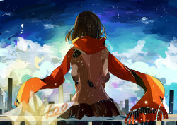 Rule 34 | 1girl, absurdres, against railing, ayano no koufuku riron (vocaloid), black skirt, blue sky, brown shirt, cityscape, cloud, cloudy sky, commentary request, day, enpera, facing away, floating, floating object, floating scarf, fringe trim, from behind, highres, jacket, kagerou project, mekakucity actors, multicolored sky, origami, outdoors, paper crane, psychokotoka, railing, red scarf, scarf, shirt, skirt, sky, solo, sparkle, tateyama ayano, test score, transparent, upper body, vocaloid, wind