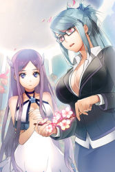 Rule 34 | 2girls, angel wings, bare shoulders, black-framed eyewear, blazer, blue eyes, blue hair, breasts, cleavage, collarbone, dress shirt, flower, glasses, holding, jacket, large breasts, long hair, lowres, luthica preventer, multiple girls, open mouth, own hands clasped, own hands together, parted bangs, petals, pointing, ponytail, purple hair, shirt, sigmund (sword girls), skirt, sword girls, tyuhus, very long hair, wings