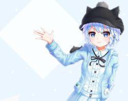 Rule 34 | 1girl, :&lt;, animal ears, animal hat, black hat, black ribbon, blue background, blue eyes, blue jacket, cabbie hat, center frills, character request, closed mouth, collared shirt, commentary, dress shirt, english commentary, fake animal ears, frills, glint, grey background, hand up, hat, highres, hood, hood down, hooded jacket, jacket, jewelry, long sleeves, looking at viewer, neck ribbon, open clothes, open jacket, pleated skirt, ribbon, ring, safety pin, shirt, skirt, solo, stratosphere (coom1017), twitter username, two-tone background, upper body, vrchat, white hair, white shirt, white skirt