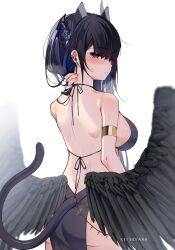 Rule 34 | 1girl, absurdres, animal ear hairband, animal ears, artist name, ass, asymmetrical horns, bikini, black bikini, black hair, black wings, blue hair, blush, breasts, cat ear hairband, cat ears, cat tail, closed mouth, colored inner hair, commentary, cross, earclip, english commentary, fake animal ears, feathered wings, from behind, frown, hairband, hand on own neck, highres, hololive, horns, keisea, large breasts, long hair, looking at viewer, low wings, multicolored hair, nerissa ravencroft, nerissa ravencroft (1st costume), red eyes, sideboob, slit pupils, solo, spine, straight hair, swimsuit, tail, uneven horns, very long hair, virtual youtuber, white background, wings, yellow nails