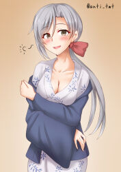 Rule 34 | 1girl, alternate costume, anti (untea9), blush, breasts, brown background, chitose (kancolle), gradient background, grey eyes, grey hair, highres, jacket, japanese clothes, kantai collection, kimono, large breasts, long hair, looking at viewer, open mouth, ponytail, smile, solo, squeans, twitter username, yukata