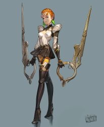 Rule 34 | 1girl, blue eyes, boots, crossed legs, dated, dollar sign, dual wielding, earrings, gloves, high heels, highres, holding, jewelry, crossed legs, looking at viewer, multicolored hair, orange hair, original, puffy sleeves, reverse grip, scissors, serious, short hair, signature, simple background, skirt, solo, streaked hair, sumith, thigh boots, thighhighs, watson cross