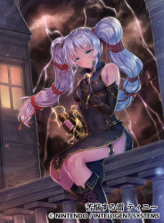 Rule 34 | 1girl, black footwear, blue eyes, book, boots, bracelet, cloud, cloudy sky, coin, company name, cross-laced footwear, earrings, electricity, fingerless gloves, fire emblem, fire emblem: genealogy of the holy war, fire emblem cipher, full body, gloves, jewelry, knee boots, kousei horiguchi, lace-up boots, long hair, multi-tied hair, nintendo, official art, purple hair, sitting, sky, solo, tine (fire emblem), twintails, window