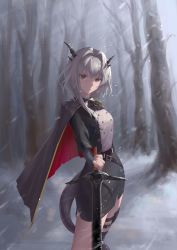 Rule 34 | 1girl, absurdres, arknights, bare tree, black cape, black jacket, black skirt, cape, closed mouth, commentary request, grey eyes, grey hair, hair between eyes, hair intakes, highres, hokago-tt, holding, holding sword, holding weapon, horns, jacket, long sleeves, looking at viewer, outdoors, skirt, snow, snowing, solo, standing, sword, tail, talulah (arknights), tree, weapon