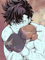 Rule 34 | 1boy, absurdres, boxer, boxing gloves, brown hair, fighting stance, hajime no ippo, highres, looking at viewer, male focus, muscular, muscular male, okntr, sendou takeshi, solo, sweat, topless male
