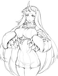Rule 34 | 10s, 1girl, abyssal ship, breasts, claws, detached sleeves, dress, ge-b, greyscale, horns, kantai collection, large breasts, long hair, mittens, monochrome, ribbed dress, ribbed sweater, seaport princess, short dress, single horn, sketch, solo, sweater, sweater dress, very long hair
