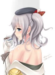 Rule 34 | 10s, 1girl, :d, anchor symbol, artist name, bare back, bare shoulders, blasowa, blue eyes, blush, bow, breast press, breasts, coffee, cup, drink, epaulettes, frilled sleeves, frills, from behind, gloves, hat, hat bow, highres, kantai collection, kashima (kancolle), long sleeves, looking at viewer, looking back, off shoulder, open mouth, parted lips, pointing, pointing at self, sideboob, silver hair, simple background, smile, solo, two side up, upper body, white background, white gloves