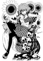 Rule 34 | 1girl, arm rest, beckoning, bow, bowtie, closed umbrella, constricted pupils, evil smile, flower, full body, greyscale, heran hei mao, highres, kazami yuuka, long sleeves, looking at viewer, mary janes, monochrome, open clothes, open vest, pantyhose, parasol, plaid, plaid skirt, plaid vest, shaded face, shirt, shoes, short hair, simple background, sitting, skirt, skirt set, skull, smile, solo, sunflower, touhou, umbrella, vest, white background