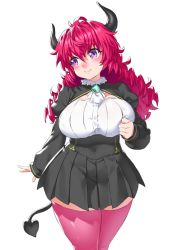Rule 34 | 1girl, alma (onsoku inu), blush, breasts, brown skirt, closed mouth, covered navel, demon horns, demon tail, hand up, high-waist skirt, highres, horns, juliet sleeves, large breasts, legs together, long hair, long sleeves, looking to the side, miniskirt, onsoku inu, original, pink thighhighs, pleated skirt, puffy sleeves, purple eyes, red hair, simple background, skirt, smile, solo, tail, thighhighs, white background, zettai ryouiki