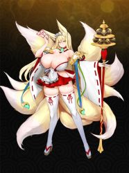 Rule 34 | animal ears, blonde hair, breasts, fox ears, fox girl, fox tail, hirume of heavenly incense, japanese clothes, large breasts, last origin, miko, qtenka, tail, thick thighs, thighs