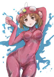 Rule 34 | 1girl, absurdres, anglerfish costume, arm behind back, arms up, bad id, bad pixiv id, blue background, blush, bodysuit, breasts, brown eyes, brown hair, closed mouth, commentary, covered erect nipples, covered navel, cowboy shot, dancing, ennui orz, fish hat, girls und panzer, hat, highres, leaning to the side, light blush, light frown, lips, looking at viewer, medium breasts, nishizumi miho, paint splatter, pink bodysuit, pink hat, short hair, sitting, solo, traditional media