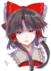 1girl angry ascot bow brown_hair frilled_bow frills hair_bow hair_tubes hakurei_reimu highres japanese_clothes long_hair looking_at_viewer matsukuzu miko nontraditional_miko portrait red_bow red_eyes ribbon_trim touhou upper_body yellow_ascot