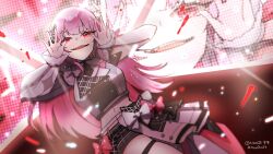 Rule 34 | 1girl, blurry, blush, hands up, hololive, hololive english, hololive idol uniform (bright), long hair, looking at viewer, mori calliope, navel, noaqi77, pink hair, red eyes, signature, single sleeve, stage, virtual youtuber