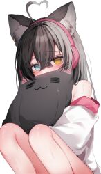 Rule 34 | 1girl, absurdres, animal ear fluff, animal ears, black hair, blue eyes, cat-shaped pillow, commission, covered mouth, fox ears, fox girl, grey hair, headphones, heterochromia, highres, hugging object, long hair, looking at viewer, multicolored hair, off shoulder, original, pillow, pillow hug, pixiv commission, shirt, shy, sweat, two-tone hair, white shirt, yellow eyes, yonako (123456nya)