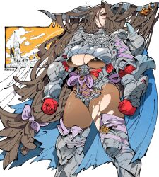 Rule 34 | 1girl, angry, armor, blue cape, bodystocking, bow, breasts, brown eyes, brown hair, cape, castle, cleavage, clenched hands, commission, covered navel, freya (kae (kikkerikill)), frown, gloves, greaves, hair between eyes, hair bow, horns, kafun, large breasts, long hair, low-tied long hair, original, purple bow, red gloves, shrug (clothing), skeb commission, solo, torn bodystocking, torn clothes, v-shaped eyebrows, very long hair