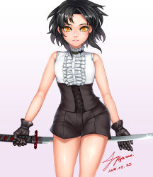 Rule 34 | 1girl, bare shoulders, black gloves, black hair, black shorts, colored eyelashes, corset, cowboy shot, dated, gloves, gradient background, highres, holding, holding weapon, katana, lips, looking at viewer, parted lips, pov, ryu un, short hair, shorts, signature, sita vilosa, solo, sword, sword girls, weapon, yellow eyes