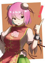Rule 34 | !, 1girl, absurdres, bandaged arm, bandages, border, breasts, brown background, bun cover, carnation, commentary request, cuffs, dutch angle, eyes visible through hair, flower, gold trim, green skirt, hair between eyes, hand on own hip, hand up, highres, ibaraki kasen, index finger raised, large breasts, light blush, looking at viewer, outside border, parted lips, pink flower, pink hair, pointing, pointing up, raian macaroni, red eyes, shackles, shirt, short hair, skirt, solo, tabard, touhou, upper body, v-shaped eyebrows, vine print, white border, white shirt