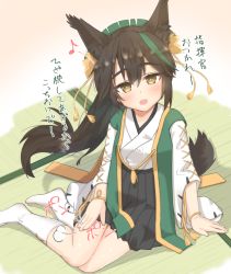 Rule 34 | 1girl, absurdres, animal ears, azur lane, black hair, blush, brown hair, commentary request, hair between eyes, hair ornament, highres, japanese clothes, lap pillow invitation, long hair, matsukaze (azur lane), sitting, socks, solo, tail, tomyoo, translation request, yellow eyes