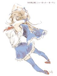 Rule 34 | 1girl, arms behind back, ascot, blue capelet, blue skirt, blue thighhighs, brown hair, capelet, castlevania (series), castlevania: portrait of ruin, charlotte aulin, long hair, one eye closed, rds (radish), red ascot, red footwear, shirt, short sleeves, simple background, sketch, skirt, smile, thighhighs, white background, white shirt