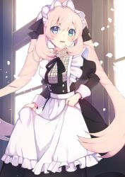 Rule 34 | 1girl, ameshizuku natsuki, apron, black dress, blonde hair, blue eyes, clothes lift, colored eyelashes, dress, dress lift, fate/grand order, fate (series), indoors, light particles, light rays, long hair, long sleeves, looking at viewer, maid, maid apron, maid headdress, marie antoinette (animejapan 2016) (fate), marie antoinette (fate), official alternate costume, open mouth, parted lips, puffy long sleeves, puffy sleeves, solo, twintails, window