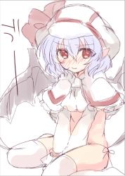 Rule 34 | 1girl, ascot, bad id, bad pixiv id, bat wings, between legs, blush, capelet, closed mouth, hair between eyes, hand between legs, hat, hat ribbon, light purple hair, looking at viewer, mob cap, panties, paragasu (parags112), red eyes, red ribbon, remilia scarlet, ribbon, short hair, side-tie panties, simple background, sitting, solo, thighhighs, touhou, underwear, v arms, wariza, wavy hair, white ascot, white background, white hat, white thighhighs, wings