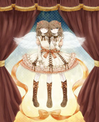 Rule 34 | 2girls, blue eyes, boots, bow, brown hair, conjoined, curtains, dress, extra legs, closed eyes, hair bow, highres, kinuyo (kinuxi), long hair, looking at viewer, multiple girls, multiple heads, multiple legs, original, siblings, sisters, twins, wings