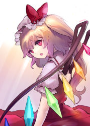Rule 34 | 1girl, ainy, ascot, bad id, bad pixiv id, blonde hair, bow, crystal, flandre scarlet, from behind, hat, hat bow, hat ribbon, looking at viewer, looking back, looking to the side, mob cap, open mouth, puffy short sleeves, puffy sleeves, red eyes, ribbon, short sleeves, side ponytail, solo, touhou, wings