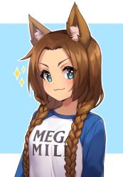 Rule 34 | 1girl, :3, animal ear fluff, animal ears, blue eyes, braid, clothes writing, commentary, eyes visible through hair, gift art, hair over shoulder, iwbitu, long hair, looking at viewer, mega milk, meme attire, original, outline, raglan sleeves, russian commentary, second-party source, simple background, smile, solo, sparkle, sparkling eyes, twin braids, upper body, v-shaped eyebrows, white outline