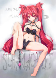 Rule 34 | 1girl, aq interactive, arcana heart, arcana heart 3, atlus, bad id, bad pixiv id, bare shoulders, barefoot, bdsm, blush, bondage, bound, breasts, bursting breasts, chain, character name, cleavage, colored eyelashes, copyright name, denim, denim shorts, artistic error, examu, feet, highres, homura subaru, jewelry, large breasts, leg hold, long hair, looking at viewer, navel, open fly, open mouth, pendant, red eyes, red hair, scharlachrot, short shorts, shorts, solo, spread legs, toe scrunch, toes, twintails, unzipped, very long hair
