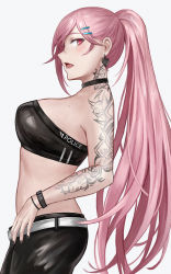 Rule 34 | 1girl, belt, black choker, black pants, blush, breasts, choker, earrings, from side, girls&#039; frontline, hair ornament, hairclip, heart, heart-shaped pupils, highres, jewelry, large breasts, long hair, mole, mole under eye, nail polish, open mouth, pants, pink hair, ponytail, red eyes, selcky, sig mcx (girls&#039; frontline), simple background, smile, solo, spade (shape), spade earrings, symbol-shaped pupils, tattoo, white background, white belt