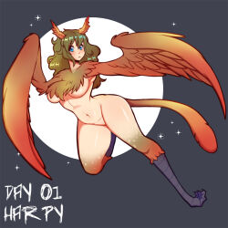 Rule 34 | 1girl, blue eyes, blush, breasts, brown hair, feathers, harpy, large breasts, monster girl, no pussy, nude, original, redrabbu, solo, tail, underboob, wings