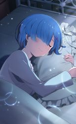 Rule 34 | 1girl, bed sheet, blue hair, closed eyes, closed mouth, from above, hair ornament, hair over one eye, highres, indoors, long sleeves, lying, hugging object, official art, on side, pillow, pillow hug, re:zero kara hajimeru isekai seikatsu, rem (re:zero), shirt, short hair, sleeping, smile, solo, under covers, upper body, white shirt, x hair ornament